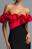Black and Red Mermaid Ruffled Off the Shoulder Maxi Formal Dress with Slit
