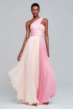 Pink One Shoulder A Line Long Chiffon Formal Dress with Pleats