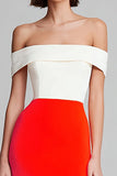 Simple Ivory and Orange Sheath Off the Shoulder Long Formal Dress