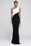 Simple Black and White Patchwork One Shoulder Long Formal Dress
