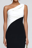 Simple Black and White Patchwork One Shoulder Long Formal Dress