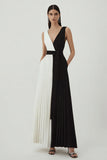 Black and White Pleated V-Neck A Line Maxi Formal Dress