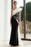Black and White Mermaid Patchwork Maxi Formal Dress with Appliques