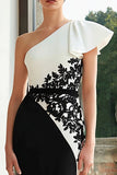 Black and White Mermaid Patchwork Maxi Formal Dress with Appliques