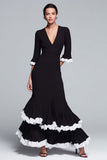 Black and White V-Neck Ruffled Long Tiered Formal Dress with Sleeves
