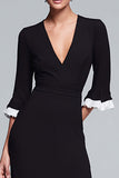 Black and White V-Neck Ruffled Long Tiered Formal Dress with Sleeves
