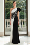 Black and White One Shoulder Patchwork Maxi Formal Dress with Appliques
