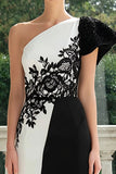 Black and White One Shoulder Patchwork Maxi Formal Dress with Appliques