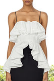 Black and White Long Spaghetti Straps Formal Dress with Ruffles