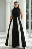 Black and White High Neck Plus Size Maxi A Line Formal Dress