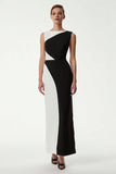 Black and White Sheath Patchwork Bateau Neck Long Formal Dress