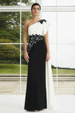 Black and White One Shoulder Long Appliqued Formal Dress with Side Cape