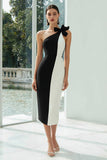 Black and White Sheath Patchwork Midi Formal Dress with Bow