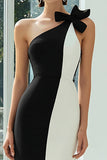 Black and White Sheath Patchwork Midi Formal Dress with Bow