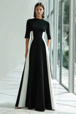 Black and White A Line Patchwork Maxi Formal Dress with Sleeves