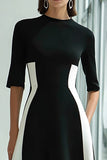 Black and White A Line Patchwork Maxi Formal Dress with Sleeves