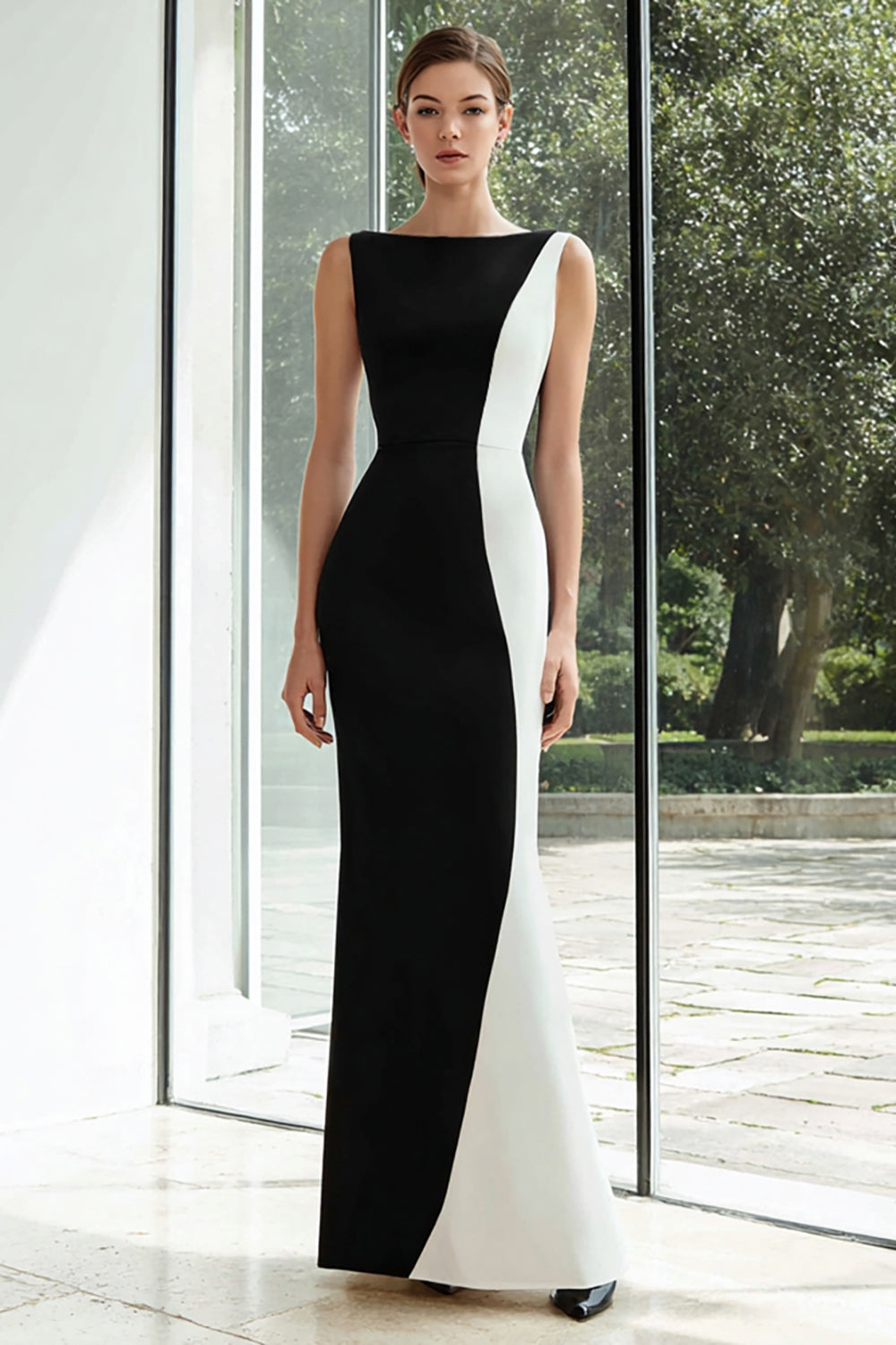 Leely Women Black and White Long Patchwork Formal Dress Mermaid Satin Bateau Neck Evening Dress leelyuk Leely Women Black and White Long Patchwork Formal Dress Mermaid Satin Bateau Neck Evening Dress leelyuk