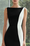 Black and White Patchwork Bateau Neck Long Formal Dress