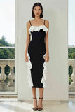 Black and White Spaghetti Straps Midi Sheath Formal Dress with Ruffles