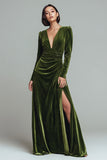 Olive Sheath Velvet Ruched V-Neck Maxi Holiday Party Dress with Slit