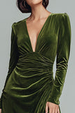 Olive Sheath Velvet Ruched V-Neck Maxi Holiday Party Dress with Slit