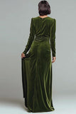Olive Sheath Velvet Ruched V-Neck Maxi Holiday Party Dress with Slit