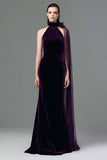 Plum Mermaid Velvet High Neck Long Holiday Party Dress with Side Cape