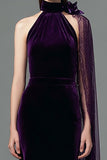 Plum Mermaid Velvet High Neck Long Holiday Party Dress with Side Cape