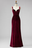 Burgundy Velvet Mermaid Thick Straps Long Ruched Holiday Party Dress