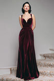 Burgundy Velvet Mermaid Thick Straps Long Ruched Holiday Party Dress