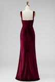 Burgundy Velvet Mermaid Thick Straps Long Ruched Holiday Party Dress