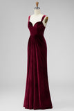 Burgundy Velvet Mermaid Thick Straps Long Ruched Holiday Party Dress