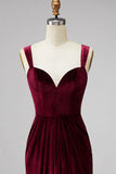 Burgundy Velvet Mermaid Thick Straps Long Ruched Holiday Party Dress