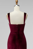Burgundy Velvet Mermaid Thick Straps Long Ruched Holiday Party Dress