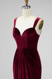 Burgundy Velvet Mermaid Thick Straps Long Ruched Holiday Party Dress