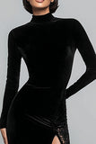 Black Velvet Mermaid High Neck Maxi Holiday Party Dress with Slit