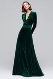 Dark Green Velvet A Line V-Neck Long Holiday Party Dress