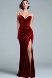 Burgundy Velvet Long Mermaid Holiday Party Dress with Slit