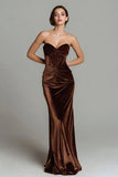 Brown Velvet Mermaid Strapless Maxi Corset Holiday Party Dress