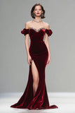 Sparkly Plum Velvet Mermaid Long Holiday Party Dress with Slit