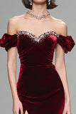 Sparkly Plum Velvet Mermaid Long Holiday Party Dress with Slit