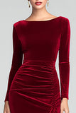 Burgundy Velvet Boat Neck Ruched Long Holiday Party Dress