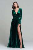 Dark Green Velvet A Line V-Neck Maxi Holiday Party Dress with Slit