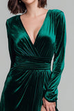 Dark Green Velvet A Line V-Neck Maxi Holiday Party Dress with Slit
