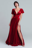 Red Velvet A Line V-Neck Long Holiday Party Dress with Slit