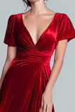 Red Velvet A Line V-Neck Long Holiday Party Dress with Slit