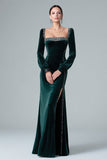 Dark Green Mermaid Velvet Long Holiday Party Dress with Slit