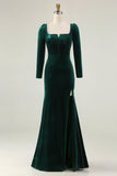 Dark Green Square Neck Velvet Long Holiday Party Dress with Slit