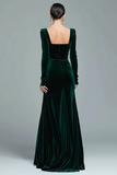 Dark Green Square Neck Velvet Long Holiday Party Dress with Slit