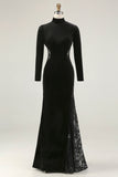Black Mermaid Velvet High Neck Maxi Holiday Party Dress with Lace